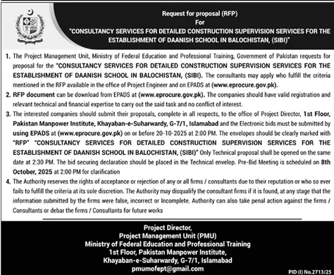 Ministry of Federal Education & Professional Training Islamabad Tender Notice 9